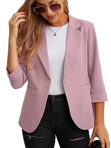 Image of GRECERELLE Women's Blazer Suit Elegant 3/4 Sleeve Jackets Business Casual Work Office Blazer Jacket Suiting & Blazers Cardigans with Pockets Button for Ladies (Pink, 16)