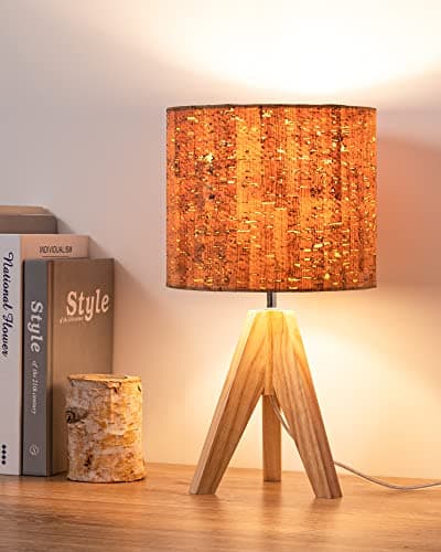 Image of EDISHINE 36cm Wood Bedside Table Lamp, Tripod Desk Lamp, Tree Bark Lampshade, On-Off Switch, Desk Lamps for Reading, Bedroom, Living Room, Study, Office, E27 Base