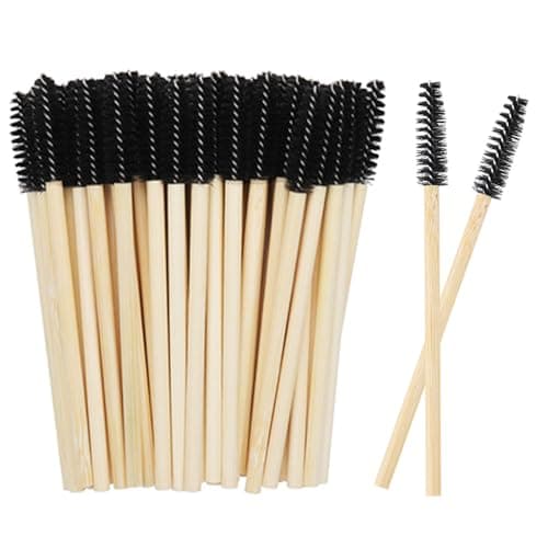 Image of 50PCS Disposable Lash Mascara Wands, Bamboo Eyelash Mascara Brushes, Black Eyelash Spoolies eyebrow brush Makeup Kit, Eyelashes Extension Brush Applicator Mascaras Wands Cosmetic Makeup Tools