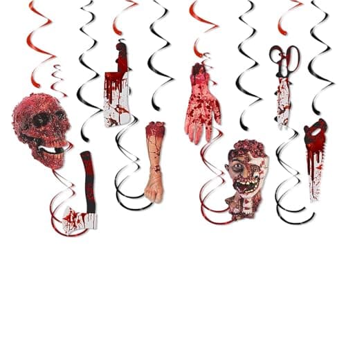 Image of Halloween Bloody Scary Indoor Outdoor Party Decoration Garland, 12PCS Scary Bloodstained Skulls, Zombie, Broken Limbs Hanging Swirl Streamers Banner for Haunted House Decor