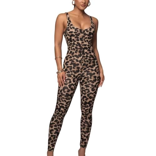 Image of Leopard Print Romper for Women, Sleeveless U Neck Spaghetti Strap One Piece Jumpsuits, Stretchy Full Body Unitard Bodysuit Party Club Going Out, Slim Fit Yoga Playsuit for Workout Fitness Daily Wear