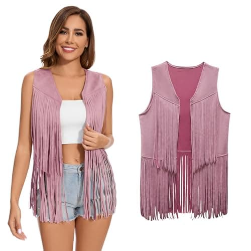 Image of XonyiCos Women's Fringe Vest 70s 60s Hippie Vest Sleeveless Cowgirl Western Faux Suede Tassel Leather Jacket Carnival and Role Play Costumes, XXL