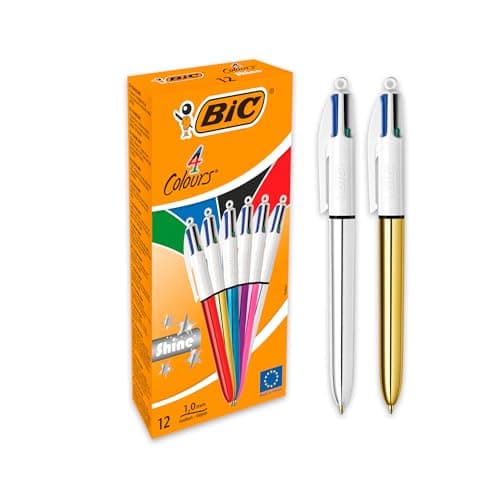 Image of BIC 4 Colours Shine Retractable Ballpoint Pens, Medium Point (1.0 mm) - Assorted Metallic Barrels, Box of 12