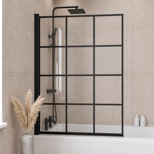 Image of LUXURA® 1000 x 1400mm Black Square Grid Over Bath Shower Screen Door 6mm Clear Toughened Safety Glass Panel 180° Pivot Bathroom Hinged Framed Bath Screens