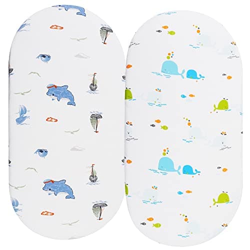 Image of Bassinet Sheets Compatible with 4moms Mamaroo Sleep Bassinet, 2 Pack Fitted Sheets, 100% Jersey Knit Cotton 190GSM, Ultra Soft Breathable, Dolphin and Whale