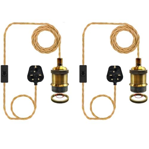 Image of LAKONEI 2 Pack Antique Bronze Plug in Pendant Light, Each 5.1m Braided Hemp Rope Cord with E26 E27 Metal Socket & Switch, Vintage Industrial Hanging Lamp DIY Kit (Bulbs Not Included)