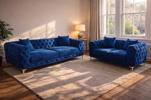 Image of Snooze Monaco 3 and 2 Seater Sofa Sets, Corner Sofas For Living Room, Upholstered Plush Fabric 3 Seater Velvet Sofas (Royal Blue Velvet, 3+2 Seater)