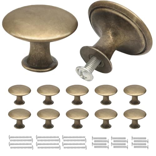 Image of Misuyue 10pc Drawer Knobs Vintage, Cupboard Handles Knob Round Bronze, Antique Brass Door Knob, 30mm Small Door Chic Cabinet Knobs for Wardrobes, Kitchen, Furniture