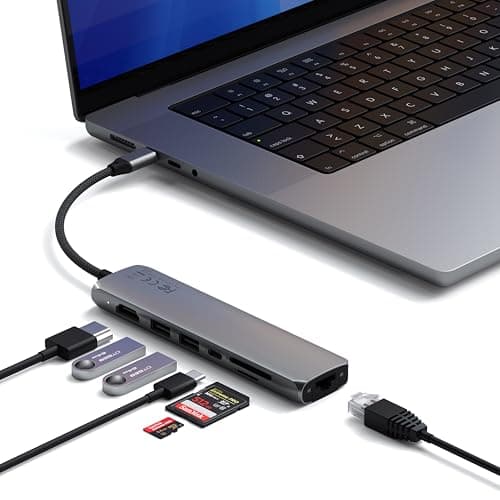 Image of SATECHI 7-in-1 USB-C Hub Slim Plus Multiport Adaptor with Ethernet, HDMI 4K@60Hz, 100W USB-C PD Charging, 2xUSB-A Data Ports, microSD/SD Card Readers for MacBook Air & Pro M5 M4, Windows – Space Grey