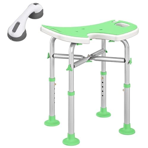 Image of HOMCOM Height Adjustable Shower Stool with Suction Grab Rail, Aluminium Shower Chair with U-Shaped Padded Seat, Non-Slip Bath Stool for Elderly, Disabled, Seniors, Pregnant, Green