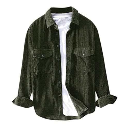 Image of Mens Corduroy Shirts Long Sleeve Button Down Shacket Jackets with Pockets Men s Christmas t-Shirt s Mens Base Layer Tops Long Sleeve Half Zip Mens Compression Vest Sport （Green, L