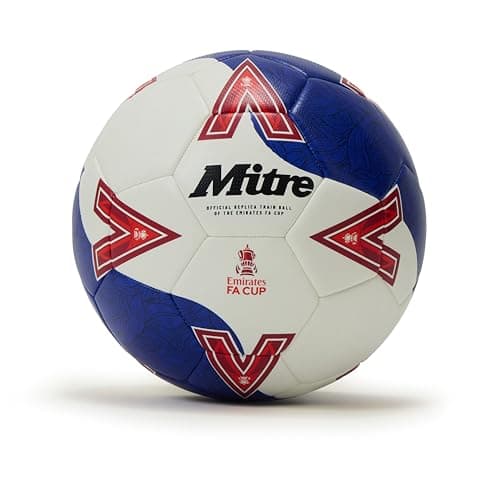 Image of Mitre Training FA Cup Football | High Performance Training Ball | Extra Durable Design, White/Blue/Red, 4 UK