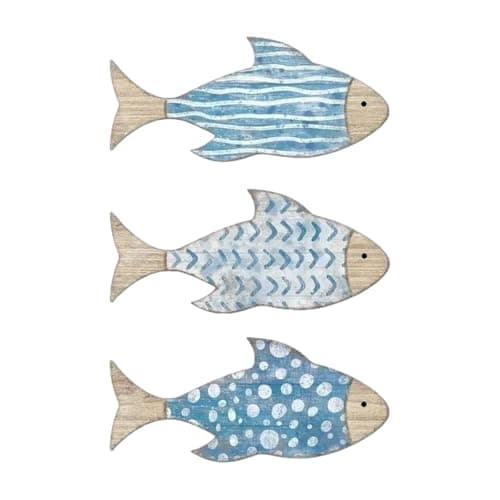 Image of ApexPine 3 PCS Wooden Fish Coastal Decor Set, Beach Themed Room Decor, Vintage Lake House Decor, Nautical Ocean Wooden Fish Wall Art Decor for Home Bathroom Living Room (Gradient Blue)