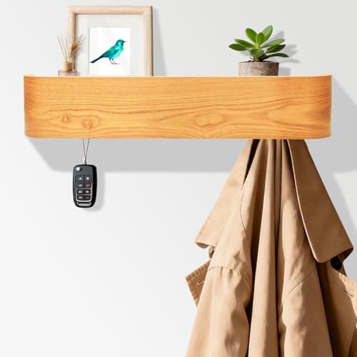 Image of Topfinder Wall Coat Rack with Shelf, Entryway Hooks Organizer Coat Hanger Key Holder Shelf with 5 Hidden Hooks Wall Storage for Bedroom Kitchen Hallway Bathroom (Wood)