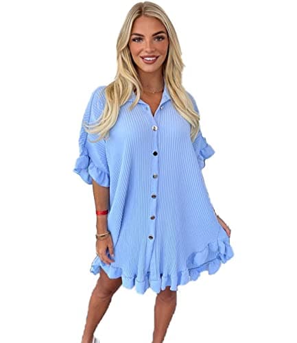 Image of Womens Button Pleated Short Sleeve Mini Collared Dress with Frill Hem Open Stretchy Beach Outwear for Casual Walks Loose Fit Oversized Baggy Plus Size Swing Smock Summer Dresses Sky Blue 18