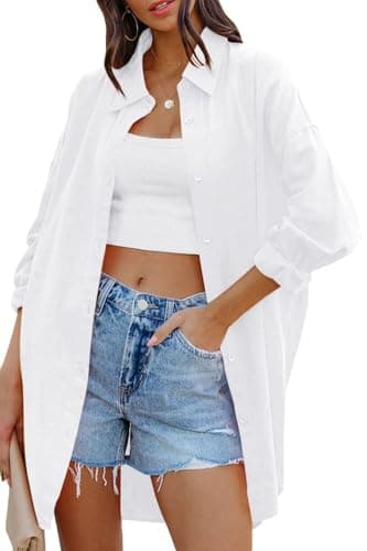 Image of Cicy Bell Women's Blouse Oversized Long Sleeve Button Down Shirts Casual Cotton Top with Pockets, White, M