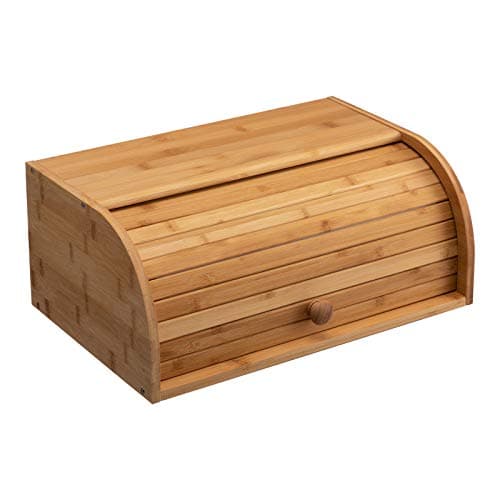 Image of HollyHOME Wooden Bread Bin Natural Bamboo Bread Bins for Kitchen,Roll Top Bread Storage Containers Countertop Bread Box,Natural