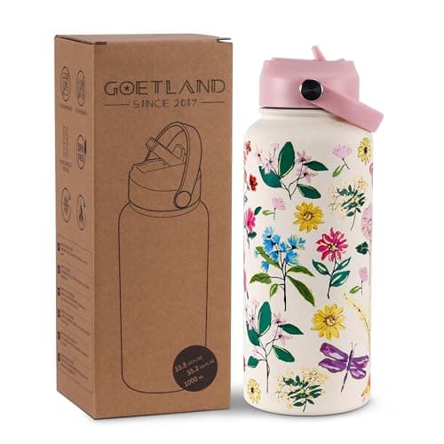Image of Goetland Flowers Water Bottle 1l Beverage Bottle with Straw Lid Stainless Steel Wide Mouth Vacuum Insulated Cute UV Printing Leak Proof for Women Girls Kids Little Pink