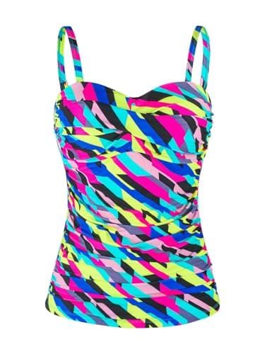 Image of Ocean Blues Women's Neon Striped Twist Bandeau Swimsuit Top Ruched Tummy Control Tankini Top Size Large