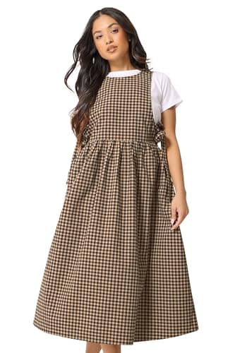 Image of PixieGirl Petite Brown Gingham Tie Side Pinafore Dress Petite