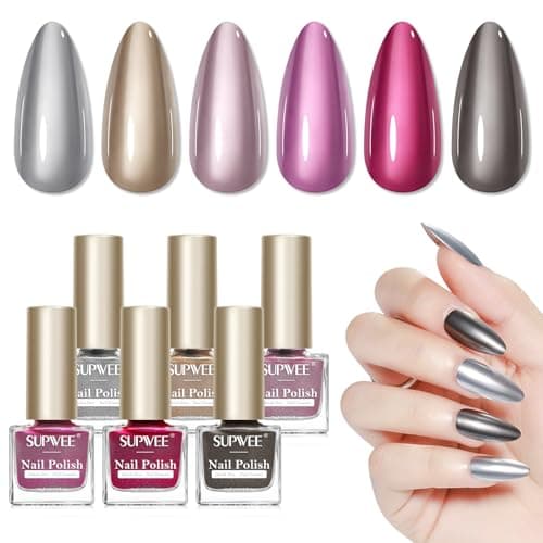 Image of SUPWEE Chrome Mirror Nail Polish Set, 6 Colour Sliver Gold Pink Black Quick Dry Metallic Nails Polish Air Fast Dry Shiny Chrome Effect Regular Nail Varnish for Salon DIY Manicure Gift for Women