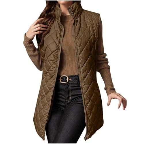 Image of Cocila Women's Quilted Gilet Longline Jacket Sleeveless Down Vest Lightweight Body Warmer Padded Outerwear Ladies Autumn Winter Coat Cozy Zipper Waistcoat Hiking Sports Workout Brown M