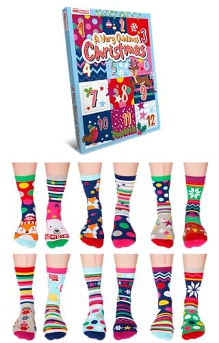 Image of United Oddsocks A Very Oddsock Christmas Advent Calendar – 12 Individual Festive Odd Socks for Women, Mix and Match Novelty Holiday Sock Box with Colourful Designs UK 4–8, EUR 37–42, US 6.5–10.5