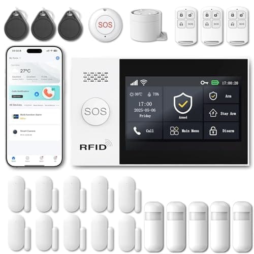 Image of XUK Home Security Systems, No Monthly Fee, 4.3" Touchscreen Wireless Alarm System with Motion Sensor, Door/Window Sensor & Remote Control, Works with Smart Life, Tuya App & Alexa (Set of 24)