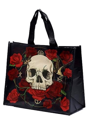 Image of Puckator Skulls & Roses Reusable Shopping Bag Out Of Recycled Plastic Bottles - Shoulder Bags - Handbags for Women - Canvas Tote Bags for Women - Shopping Hand Bag - Large Ladies Bags Aesthetic Stuff