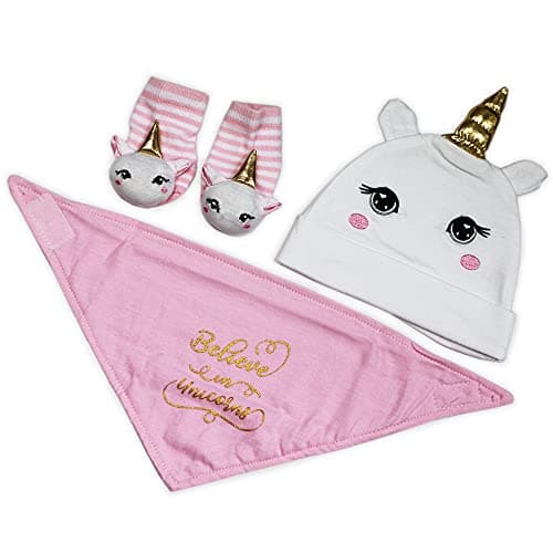Image of Metzuyan Newborn Baby Girls Unicorn Hat Bib & Socks With Rattle Bells Set Size 0-6 Months