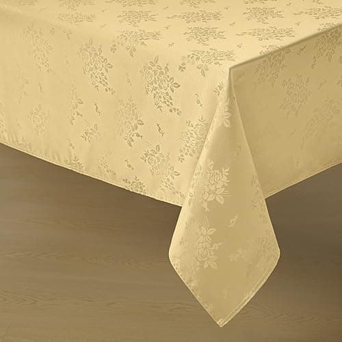 Image of Romanstile Jacquard Rectangle Tablecloth - Gold Waterproof Damask Rose Floral Pattern Decorative Table Cloth, Heavy Weight Fabric Table Cover for Dining/Party/Holiday - 52 x 70 Inch