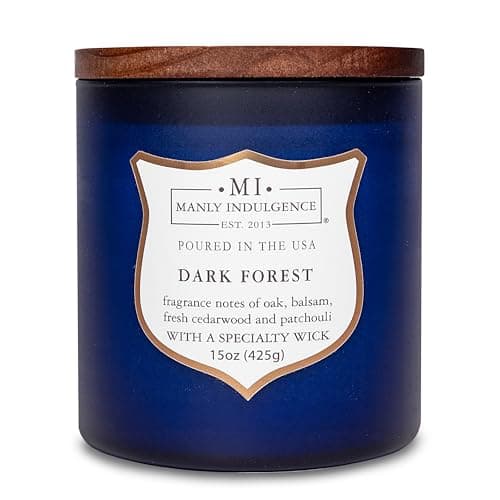 Image of Manly Indulgence Dark Forest Scented Jar Candle for Men, Wood Wicked Candle, 15 oz - Oak, Balsam, Fresh Cedarwood & Patchouli - Up to 60 Hours Burn, Soy Blend Wax, USA Poured, Navy Blue