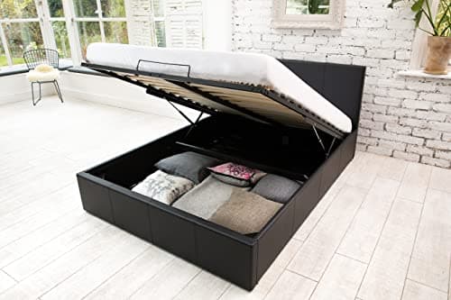 Image of SANA SLEEP 4FT6 Double Size Modern Pia Ottoman Gas Lift Storage Faux Leather Bed - Black