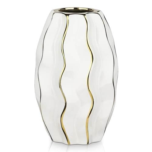 Image of Oairse Modern Vase for Flowers 19cm Gold White Ceramic Flower Vase For Decorative Wedding Party Home Vases Décor Table Centerpieces Mantel Shelf Office Living Room Bedroom Decoration