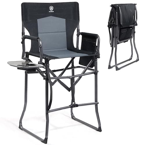 Image of EVER ADVANCED Portable 76CM Seat Height Tall Folding Camping Chair Directors Chair High Foldable Bar Stool with Side Table for Makeup Artist, Sports Event, Craft Show, Supports 160KG Black Grey
