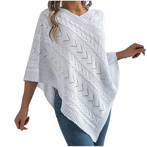 Image of RLEHJN Ladies Poncho V Neck Shawls Winter Cable Knit Jumper Sweater Elegant Knitted Cape for Women Solid Color Poncho Shawl Twists Scarf Wrap Lightweight Loose Knitwear Size 8-14 White