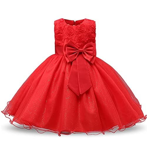 Image of Discoball Girl Dress Princess Party Clothing Holiday Girls Dresses, 3D Rose Flower, Bow Sequins Tulle Dress Up for Kids Birthday Travel and Special Occasions Red