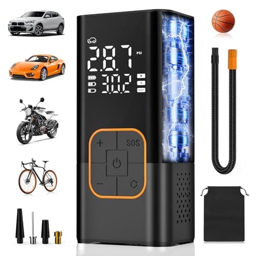 Image of Tyre Inflator Air Compressor, Cordless Electric Car Tyre Pump & Bike Pump with Dual Values Display, Digital Pressure Gauge 150 PSI, LED Light, Portable Tyre Inflator for Car/Bicycle/Motocycle/Ball