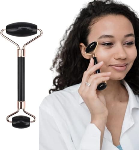 Image of Quartz Face Roller and Gua Sha Massage Tool – Natural Facial Skin Care Set for Wrinkle Reduction, Eye Puffiness, Neck and Body Relaxation, Anti-Ageing Beauty Tool (Black)