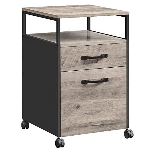 Image of VASAGLE File cabinet with 2 drawers, rolling office filing cabinet with wheels, open compartment, stable steel frame, industrial style, greige and black OFC071B02