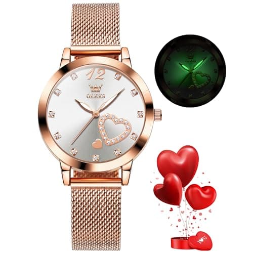 Image of OLEVS Ladies Watch Japanese Quartz Rose Gold Stainless Steel Mesh Strap Diamond Luxury Dress Waterproof Luminous Bracelet Sets (White)