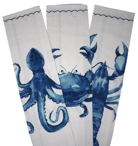 Image of SiL Interiors Coastal Nautical Sea Creature Sealife Tea Towels Blue White - Set of 3