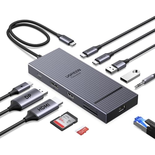 Image of UGREEN Revodok Pro Docking Station (11-in-1), Dual 4K@60Hz HDMI+DP, 4K@120Hz DisplayPort, 2×10Gbps USB-C, 100W PD, 170MB/s SD/TF, 40cm Cable, Aluminum USB C Hub for Dell, HP, Surface Laptops