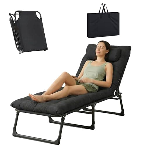 Image of LSBIKE Folding Sun Lounger Bed Chair with Cushion and Bag– Extra Wide Foldable Sunbed with 3 Recline Positions, Breathable Oxford Fabric, Portable Sun Lounger for Garden, Patio, Camping (Black, 1pcs)
