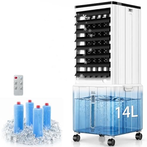 Image of JJLVLU 4 In 1 Portable Mobile Air Conditioner, 14L 60W Evaporative Air Cooler with Detachable Water Tank, 1-12H Timer, 3 Mode & 3 Speed, 40dB, Water Cooler Fan Air Conditioning for Home Office