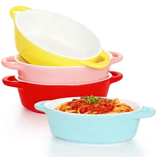 Image of 4 Small Oval Dishes, Mini Ceramic Baking Dishes, Set of Oval Casseroles in Assorted Colours, Individual Portion Size &Children's portion for Lasagne, Pie, Casseroles,Dishwasher & Oven Safe