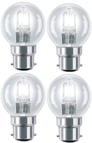 Image of 4 Pack Eco Halogen Mini Globes 42W (=52W-60W) BC B22 B22d Classic Clear Round Energy Saver Light Bulbs, Bayonet Cap, Golf Ball Dimmable Lamps, 580 Lumen, Mains 240V