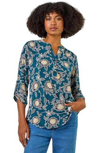Image of Roman Shirt for Women UK Ladies Top Collarless Blouse Stretchy Tunic Smart Casual Autumn Winter Jersey 3/4 Length Sleeve Notch V Neck Flattering Office Work - Green Camel Black - Size 18