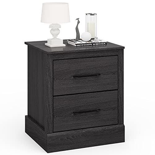 Image of COSTWAY 1/2PCS Bedside Table, Compact Floor Night Table End Table with 2 Drawers, Wooden Accent Sofa Side Table for Living Room Bedroom (1, Dark Grey Oak)