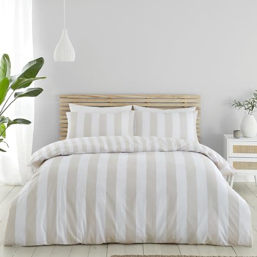 Image of Catherine Lansfield Cove Stripe Reversible King Duvet Cover Set with Pillowcases Natural